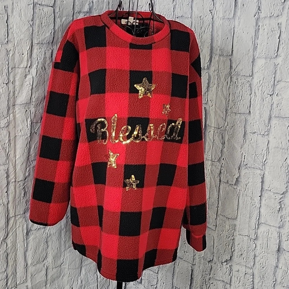 COMO VINTAGE Black and Red Plaid Gold Sequined Christmas Sweater Medium‎